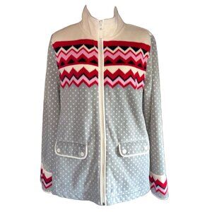 Talbots Womens Fleece Jacket Medium Zigzag Pattern Red & Gray